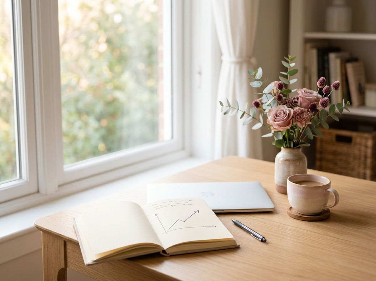 A bright, tidy desk by a window with an open notebook showing a hand-drawn growth chart, a laptop, a cup of coffee and a vase of pink roses and eucalyptus